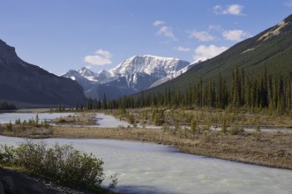 Sunwapta River and mountains, Icefields Parkway, Jasper National Park, Alberta, Canada
