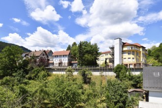 Forbach, Germany - July 12th 2025: Buildings surrounded by trees in Forbach. Scenic summer view of