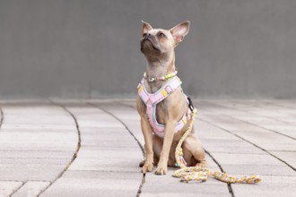 French Bulldog with long healthy nose wearing a y-shaped dog harness, leash and necklace in front