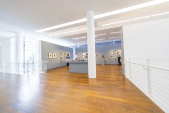 Gallery with light-coloured walls and works of art, illuminated by skylights, Frieder Burda Museum,