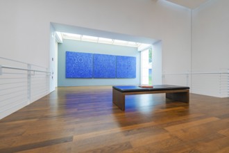 Interior view of an art exhibition with dominant blue artworks on the wall, Frieder Burda Museum,