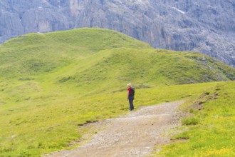 Person hiking alone on a path in a mountain landscape, Alpe di Siusi, Dolomites, South Tyrol, Italy