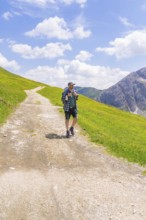 A hiker walks on a path amidst green meadows under a blue sky with clouds, Alpe di Siusi,