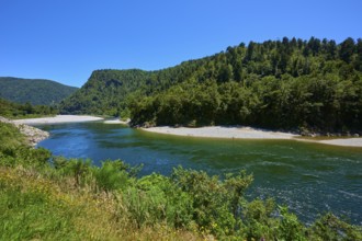 River in the middle of forests with blue sky and mountains in the background, Kilkenny Lookout,