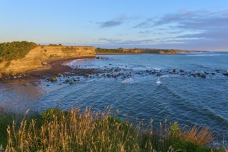 Idyllic coastal scene at sunrise with waves, beach and cliffs, summer, Opunake, Taranaki, North