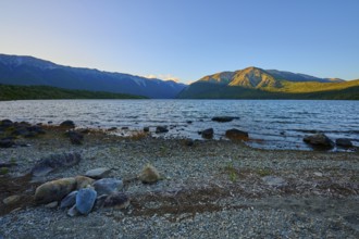 Stony beach on a lake with mountains at sunrise, summer, Lake Rotoiti, Saint Arnaud, Tasman Region,