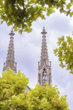 Two gothic church towers visible through the foliage of trees against an overcast sky, Baden Baden,