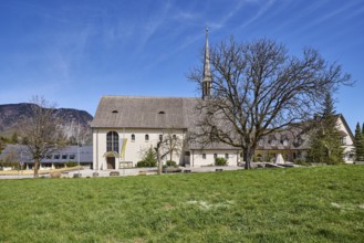 Parish church Bayerisch Gmain, church, mountain landscape, mountains, bare wintry trees, meadow,