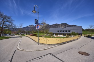 Kindergarten, fence, building, lantern, streets, trees, mountain landscape, mountains, deep blue