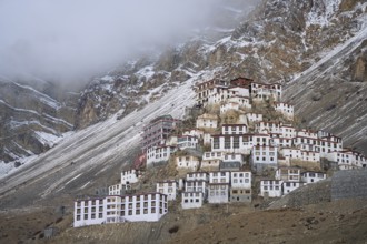 Kye monastery, in winter, snow-covered mountains in the background, Himalayas, Spitital, Kaza,