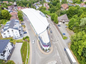A bird's eye view of modern architecture in a green, urban environment, City Centre Calw, Germany