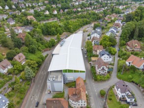Urban landscape with modern buildings and green trees, bird's eye view, City Centre Calw, Germany