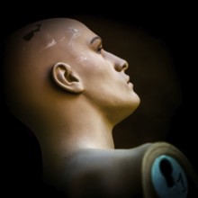 A mannequin head is positioned at an artistic angle against a dark background, showcasing its