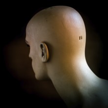 Realistic mannequin head displaying neutral expression in a dark setting with soft lighting in an