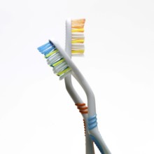 The image features two toothbrushes twisted together, highlighting their vibrant bristle colors and