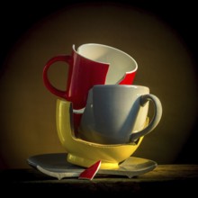 A collection of broken tableware is displayed, featuring a red mug and plate alongside other