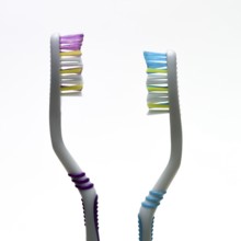 A pair of toothbrushes with bright bristles in pink and blue showcase effective hygiene tools.