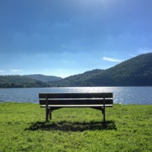 A solitary bench sits on lush green grass by a calm lake in Auvergne, France. The sun shines