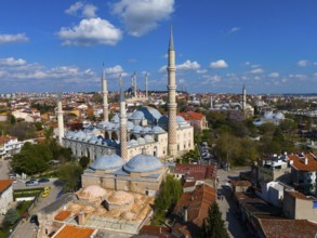 Large mosque with several minarets in an extensive urban landscape, aerial view, Mosque,