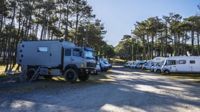 Campervans on Contis beach campersite, Saint Julien en Born, Saint-Julien-en-Born, Landes, France