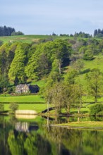 Farms over Esthwaite Water, Lake District National Park, Cumbria, England, United Kingdom