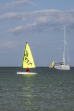 Boats on sea over Knoll Beach Studland, Poole, Dorset, England, United Kingdom