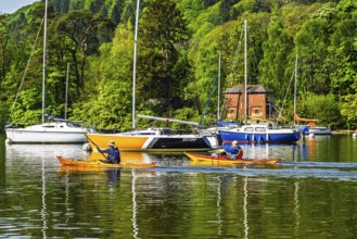 Kayaks and Boats on Windermere Lake, Fell Foot Park, Lake District, Cumbria, England, United