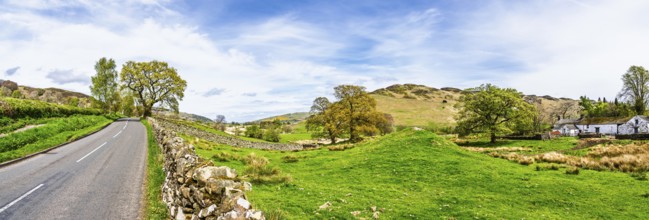 Panorama of Farms, Ullswater Lake, Lake District National Park, Cumbria, England, United Kingdom