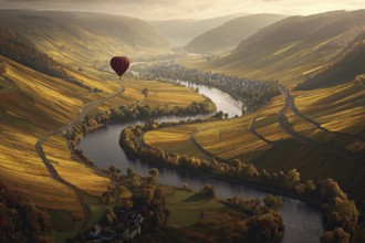 Hot air balloon, over a golden Moselle bend on a sunny autumn day, colourful vineyards along the