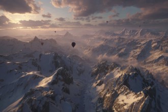Hot air balloon, with low sun over snow-covered peaks of the Alps, golden light atmosphere, fog in