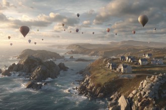 Hot air balloon, in wind and dramatic sky along a rocky cliff coast, churning sea and spray