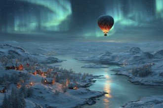 Hot air balloon under aurora borealis turquoise blue, over snowy fjord landscape with illuminated