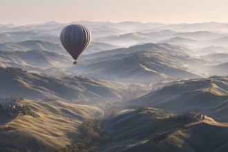 Hot air balloon, over a typical Tuscan hilly landscape, cypresses, fields and scattered farmsteads,
