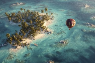 Single hot air balloon, over turquoise water and coral reefs, tropical islands and palm trees in