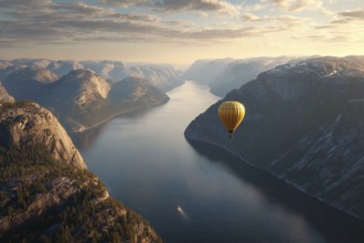 Hot air balloon, at sunrise over a calm fjord with reflecting water surface, snowy mountain ranges