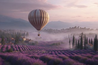 Hot air balloon, early morning over a purple blooming lavender field in rolling hills, light ground