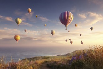 Several hot-air balloons, in pastel colours in calm weather over a rugged coastline with rough