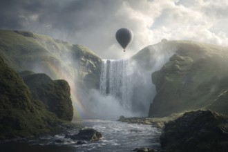 Hot air balloon, at sunrise over a moss-covered waterfall, fine spray rises, rocks and green