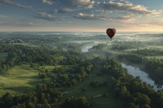 Hot air balloon, hovering over misty forests in soft morning light, view into the valley with river