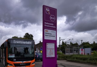 Sign, bus stop as replacement service, rail replacement service, SEV, VVS, Verkehrsverbund