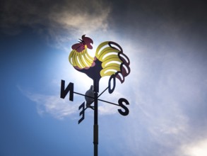 A weathercock featuring a bright rooster design sits high on a pole, silhouetted against a dramatic