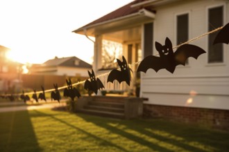 Halloween garland with black paper bats hanging on house facade. Festive outdoor decoration for