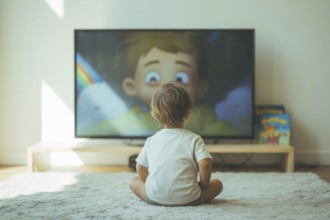 Rear view of young child watching cartoon on blurry modern TV screen. Illustrates early screen