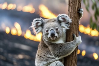 Koala bear clinging to tree with burning forest fire in blurry background. Wildlife endangered by
