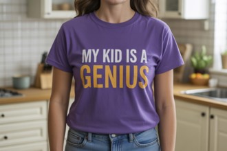 Proud mother wearing purple My Kid is a Genius t-shirt in home kitchen. Commentary on modern