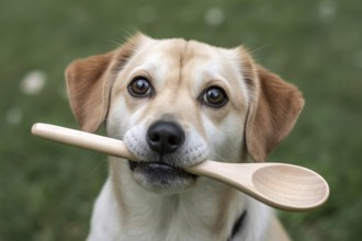 Cute dog holding a wooden cooking spoon in its mouth. Generative ai, AI generated