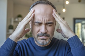 Close up of man touching forehead in pain. Concept of headache or migraine discomfort. Generative