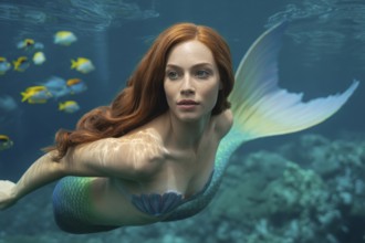 Beautiful red haired mermaid swimming underwater with tropical fish in blue ocean. Generative ai,