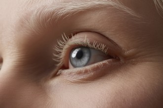 Woman's eye with white eyebrows and eyelashes, highlighting unique beauty of albinism. Generative