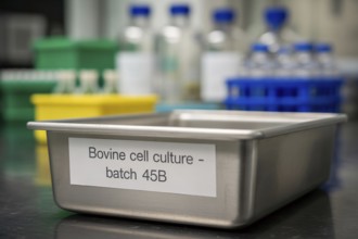 Metal canister labeled Bovine cell culture Batch 45b in laboratory. Concept for lab-grown meat